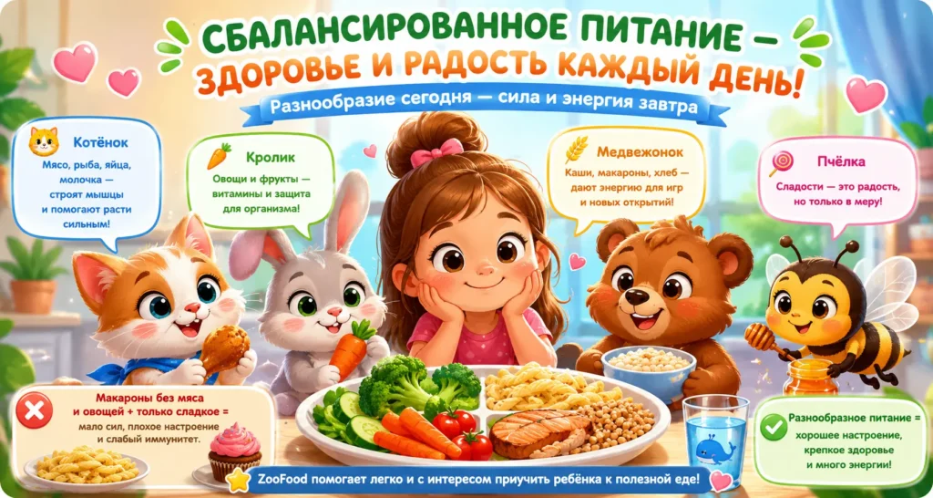 Сбалансированное питание детей с белками, овощами и полезными продуктами ZooFood